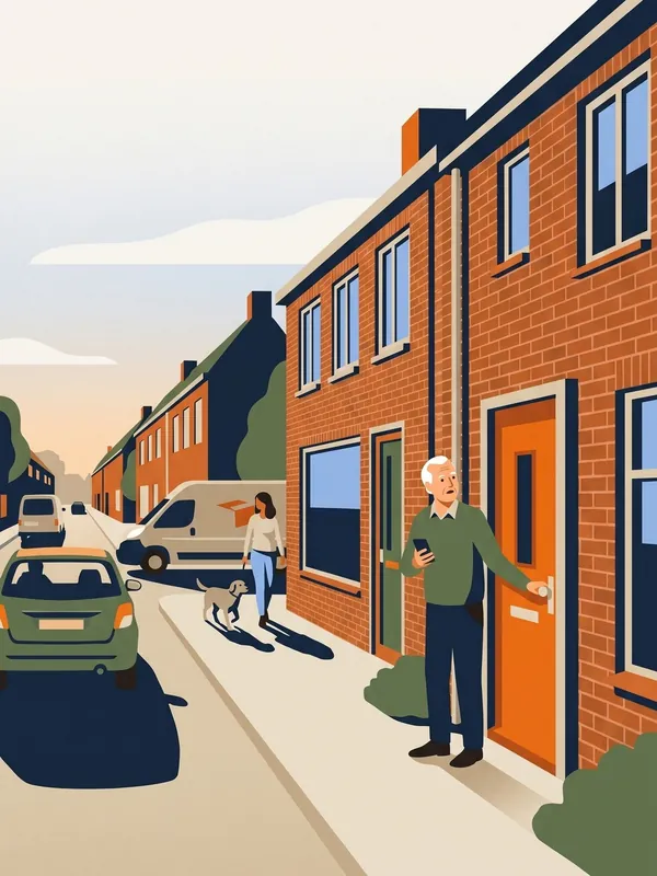 Een oudere man in de deur van zijn huis aan een drukke straat.