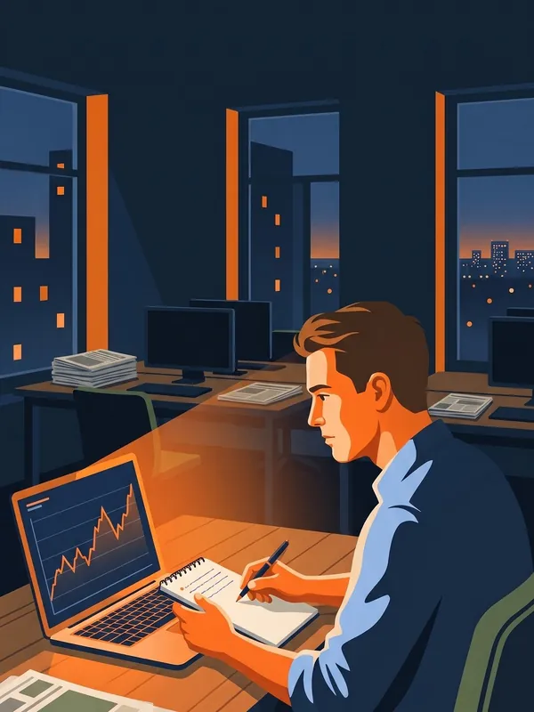 Een journalist 's avonds achter zijn laptop met een grafiek.