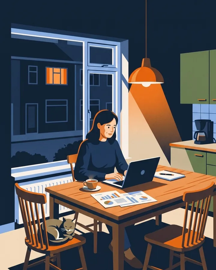 Een vrouw aan de keukentafel op een dinsdagavond, met haar laptop en uitgeprinte grafieken.